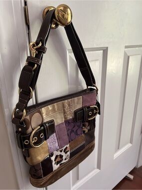 Coach Patchwork Shoulder Bag in Brown, Purple & Gold